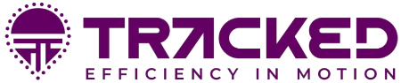 Tracked Transport logo - purple delivery truck with location pin icon and company name, tagline 'Efficiency in Motion.