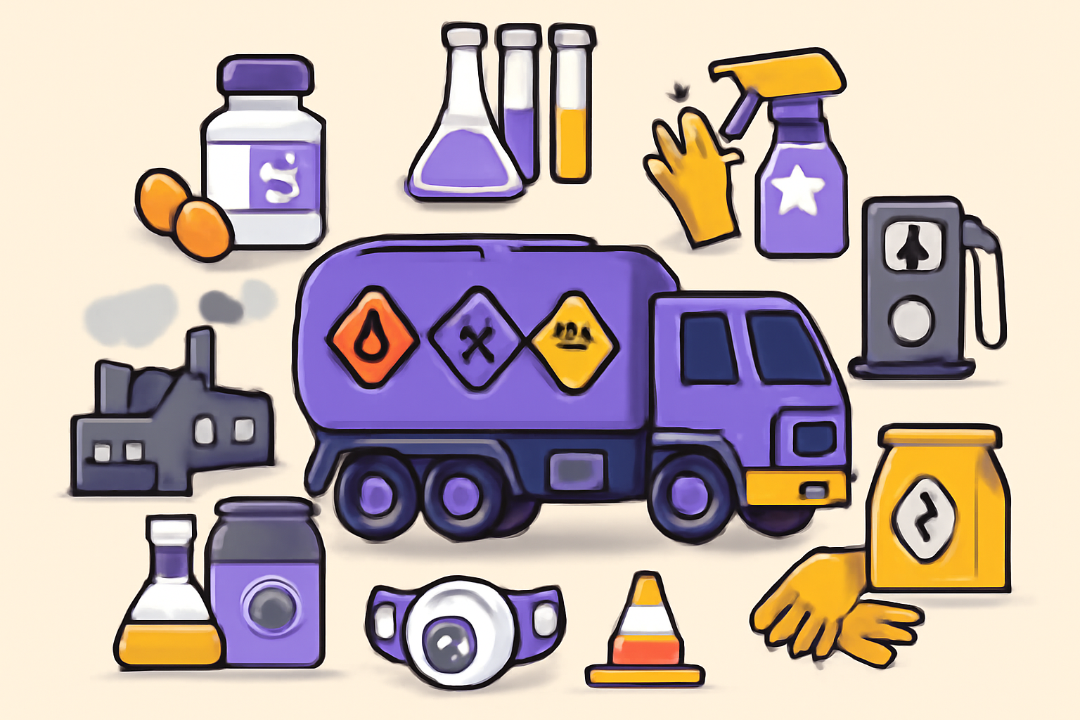 2D cartoon-style illustration that visually represents multiple industries dependent on chemical and hazardous materials logistics