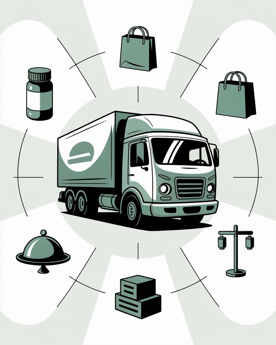 2D cartoon-style illustration that visually represents multiple industries dependent on chemical and hazardous materials logistics