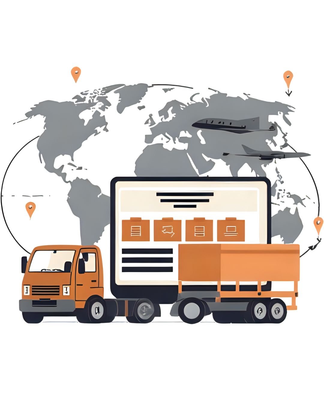 E-Commerce Logistics Shipping: laptop with online store, delivery trucks, cargo plane, shipping containers, and packages.