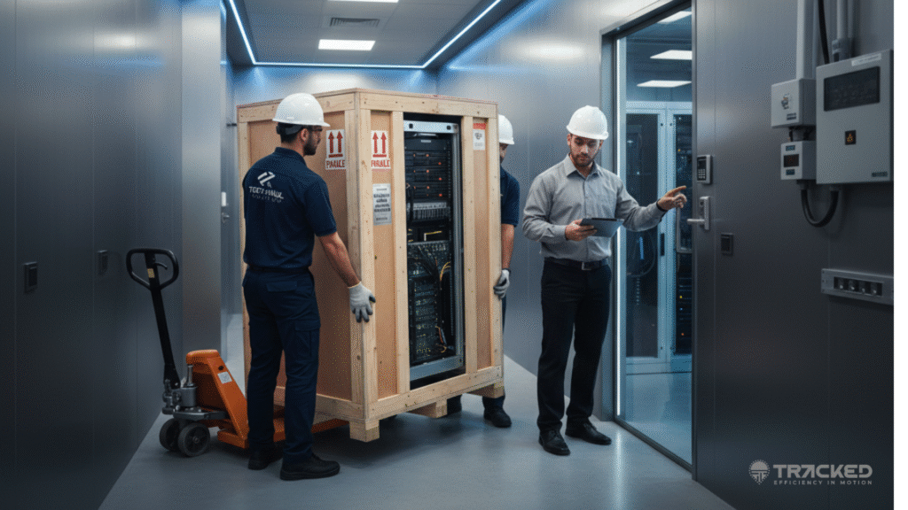 2 delevery man handeling high value electronics products