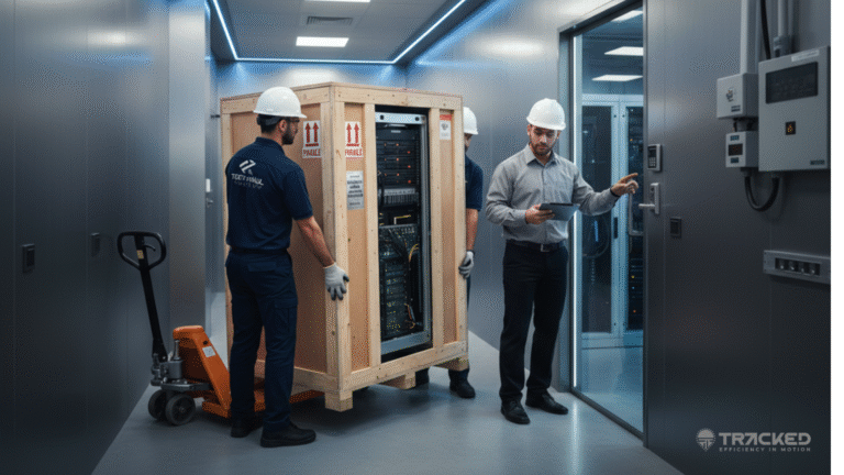 2 delevery man handeling high value electronics products