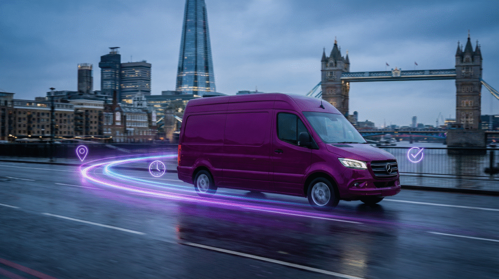 Urban delivery van navigating city streets with real-time tracking overlays, illustrating Last-Mile Delivery Challenges such as traffic, timing, and route efficiency.