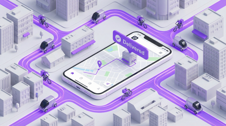 Illustration of last-mile delivery for e-commerce, showing a mobile app tracking packages through an urban city with bikes and cars completing deliveries and a ‘Delivered’ status.
