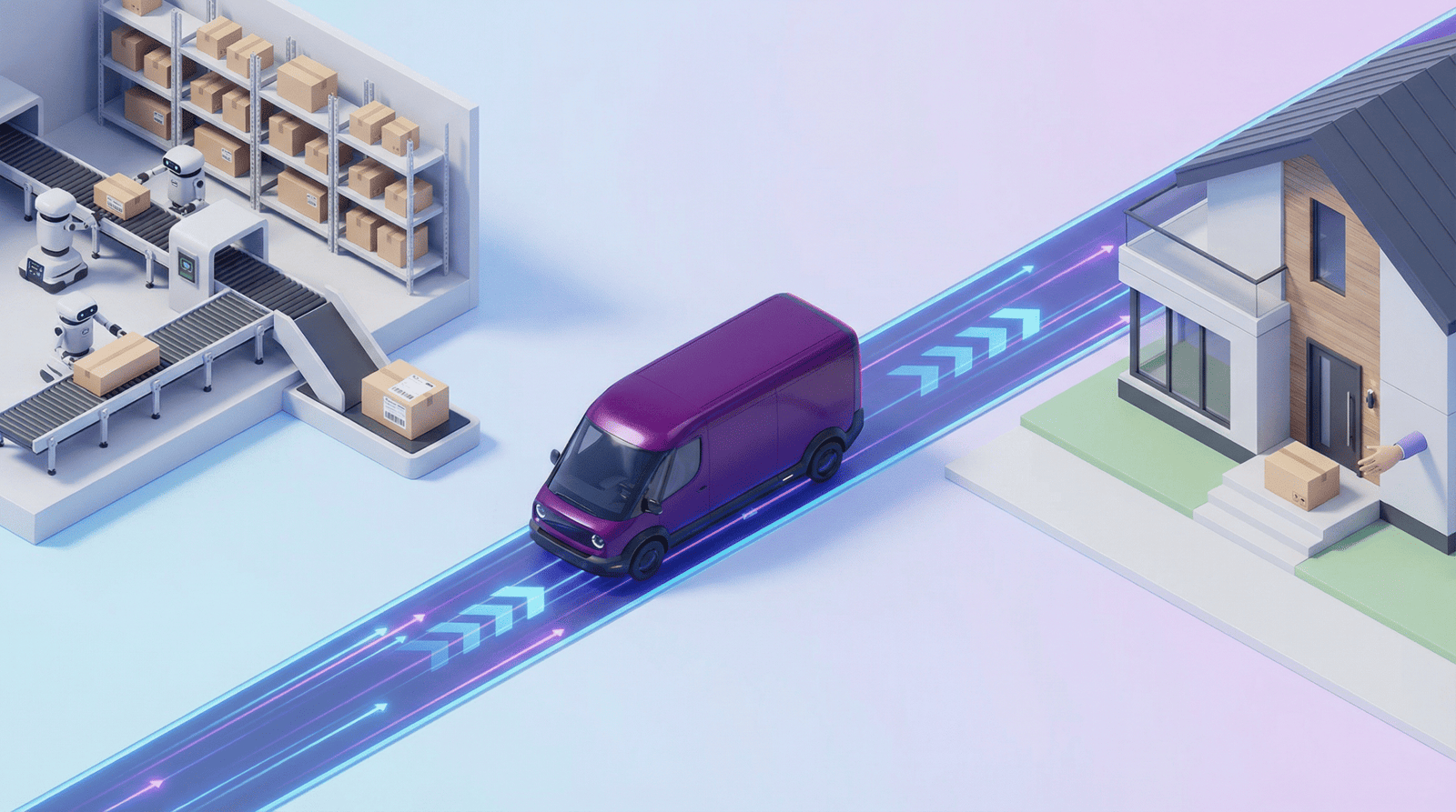Diagram illustrating last-mile delivery from a distribution hub through an optimized delivery route to a smart home for final package delivery.