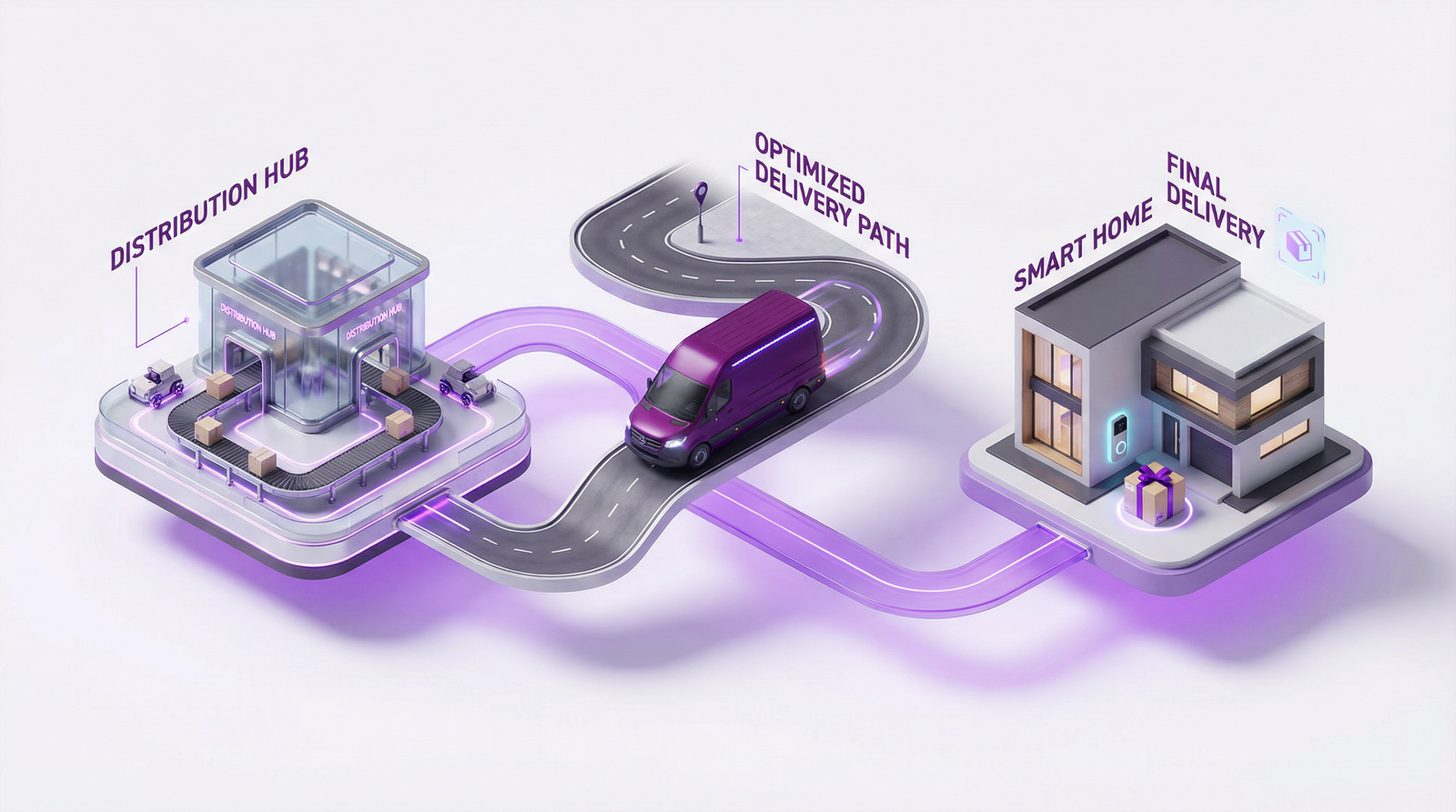 Illustration of last-mile delivery showing automated warehouse fulfillment, a delivery van on a smart route, and a package delivered to a residential doorstep.