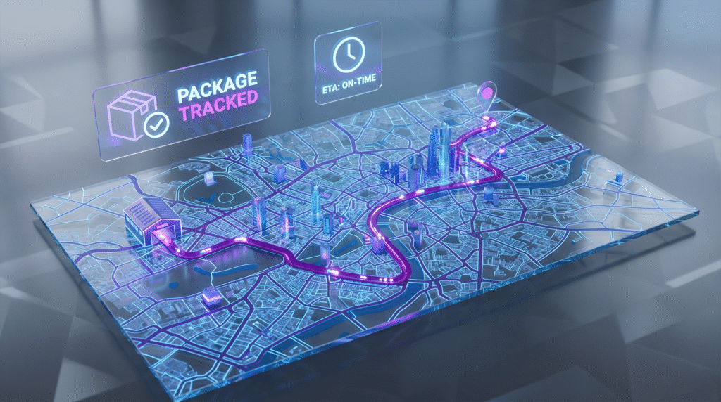 Smart logistics map visualizing real-time package tracking, route optimization, and ETA updates, highlighting Last-Mile Delivery Challenges in urban distribution networks.