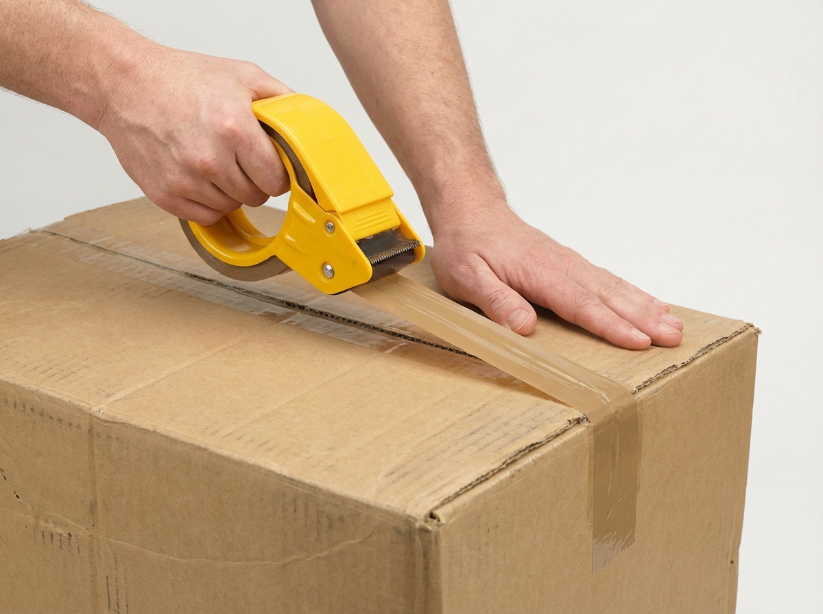 Crop anonymous young male packer in casual clothes using tape gun dispenser for sealing cardboard boxes