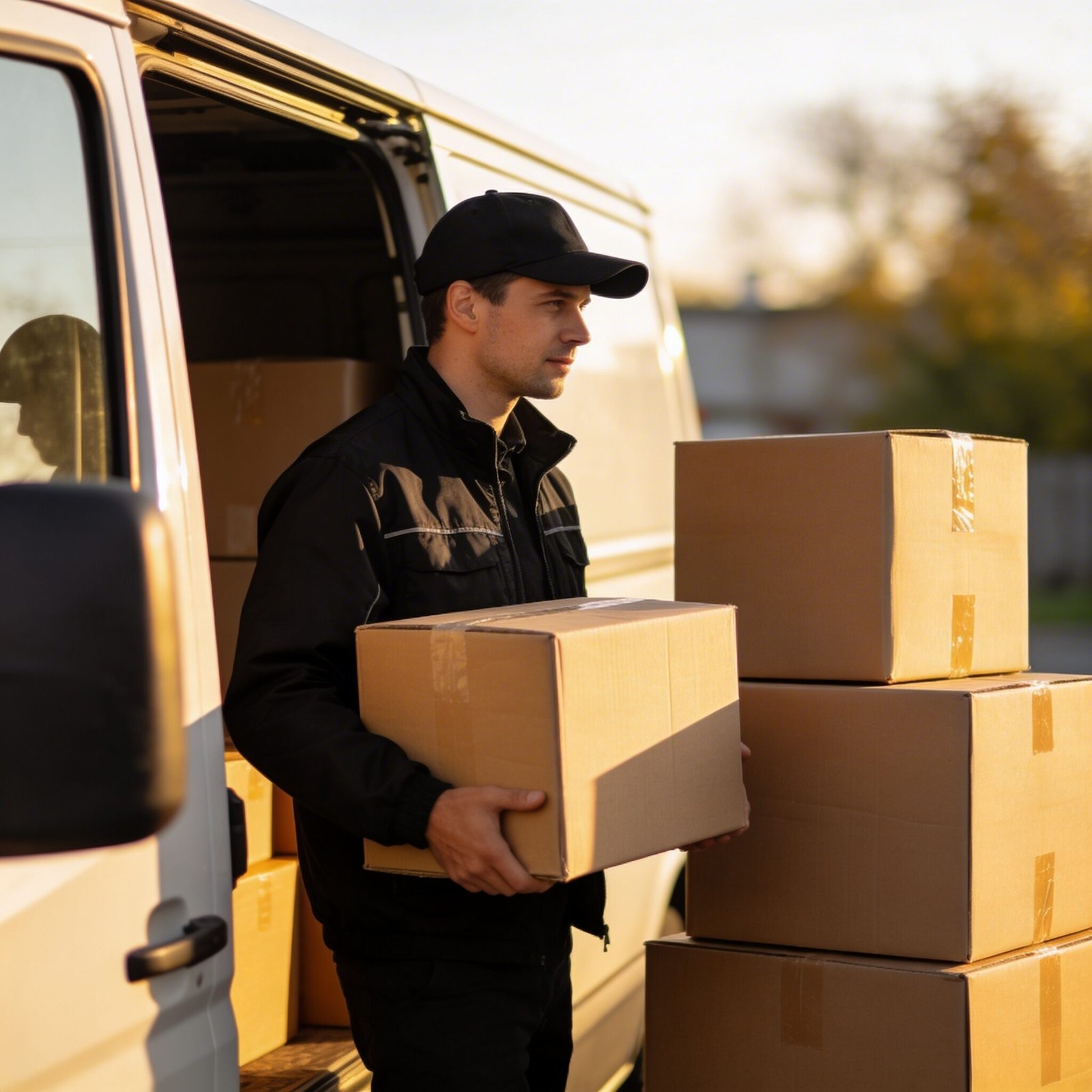 Professional Tracked Transport delivery driver in dark uniform and cap carefully handling packages from delivery van loaded with cardboard boxes, demonstrating secure package handling and reliable service
