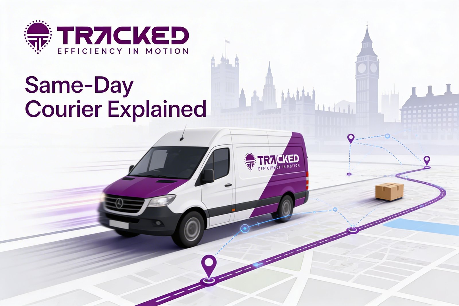 Same-day courier delivery service illustration showing fast logistics and GPS tracking in London.